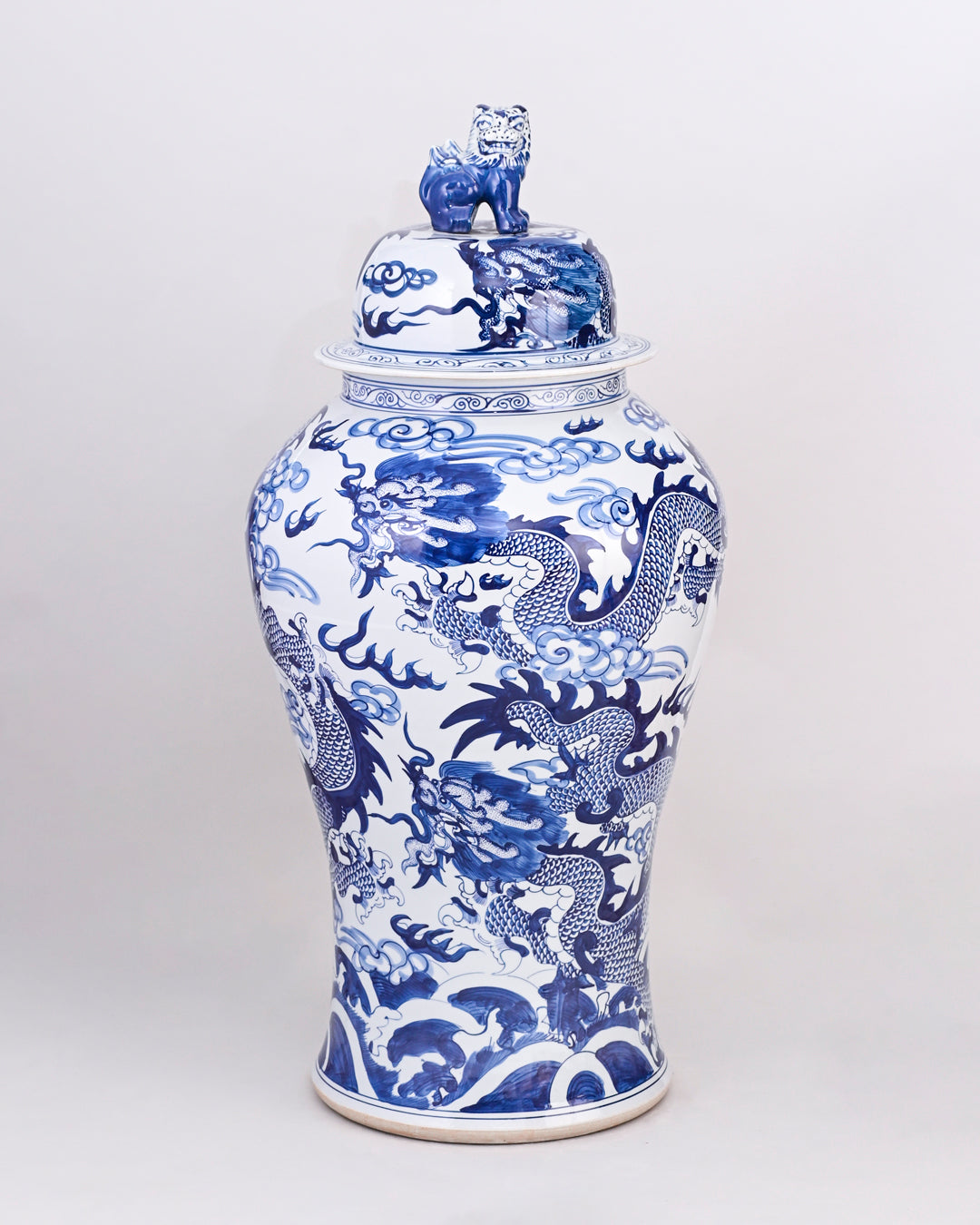 Imperial Blue Dragon Temple Jar With foo Dog Lid - 120cm