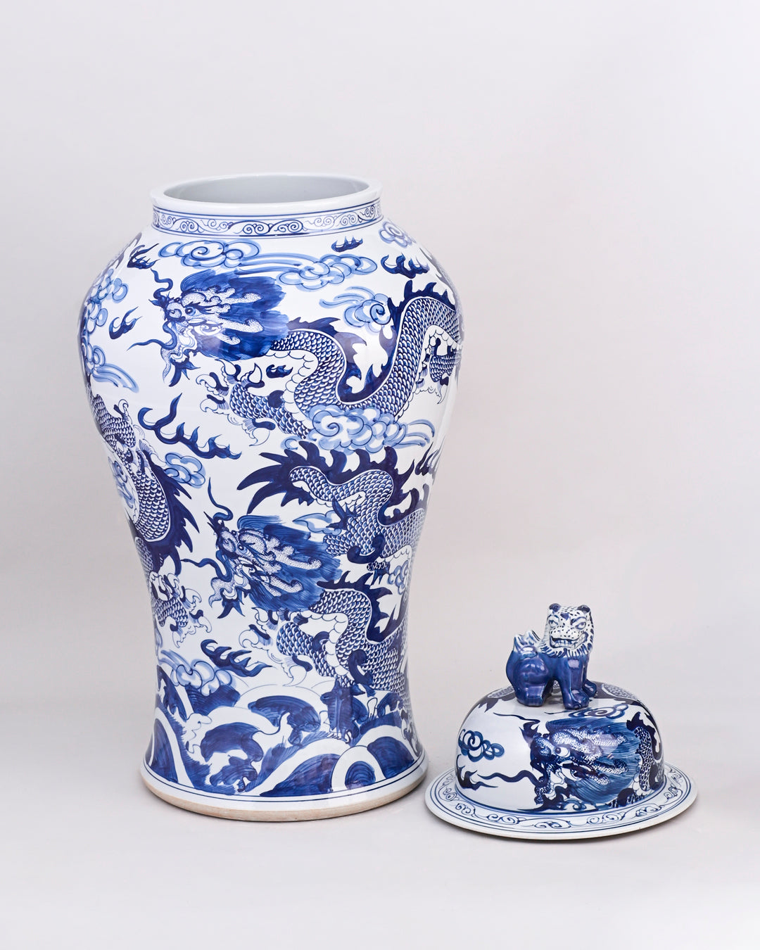 Imperial Blue Dragon Temple Jar With foo Dog Lid - 120cm