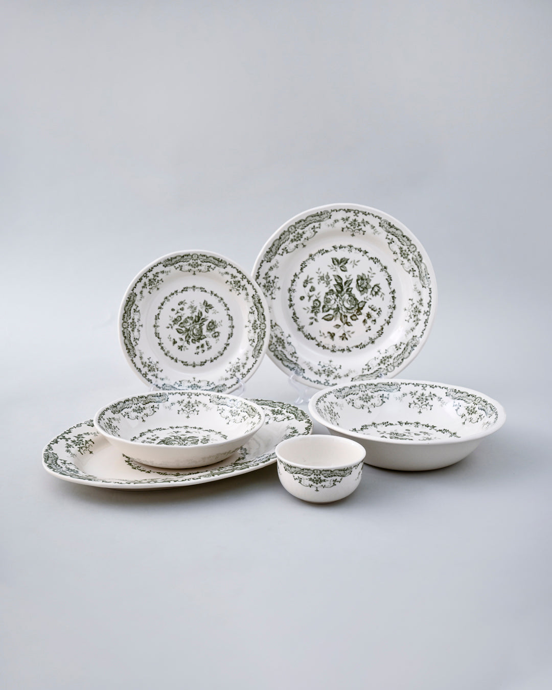 Vintage Floral Green & White Dinner Set - 28 Piece