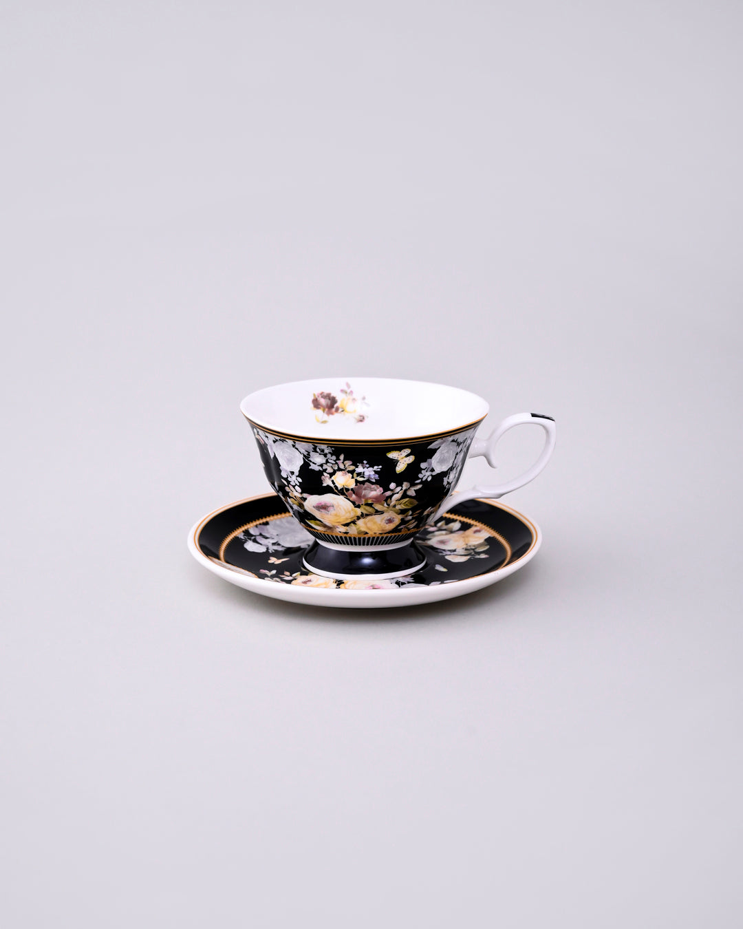 Black Floral Charm Tea Cup & Saucer - Set Of 4