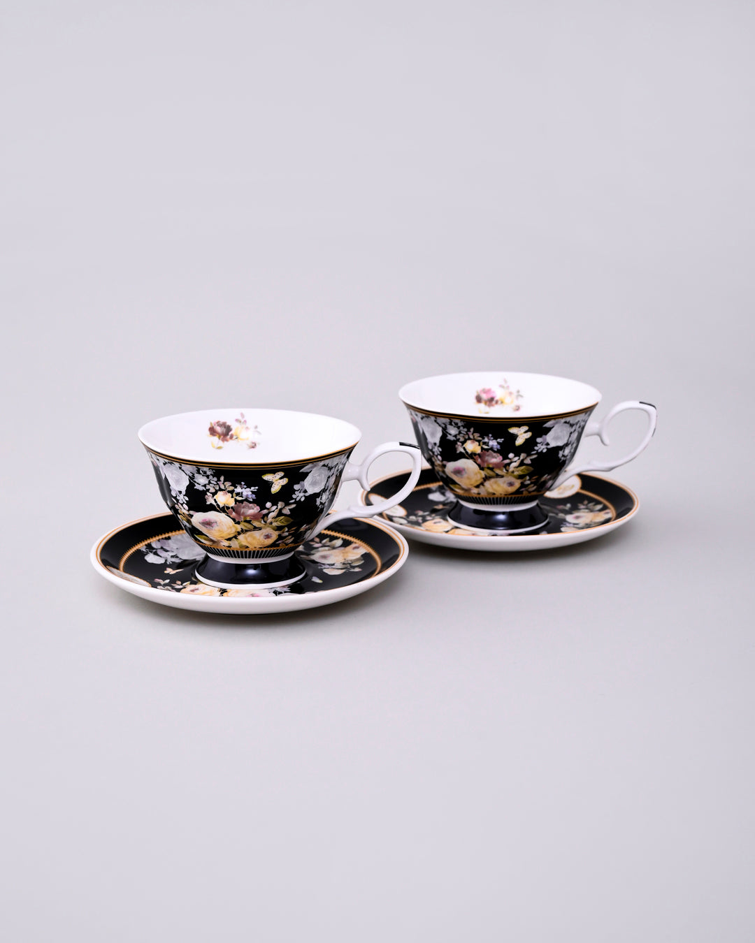 Black Floral Charm Tea Cup & Saucer - Set Of 4
