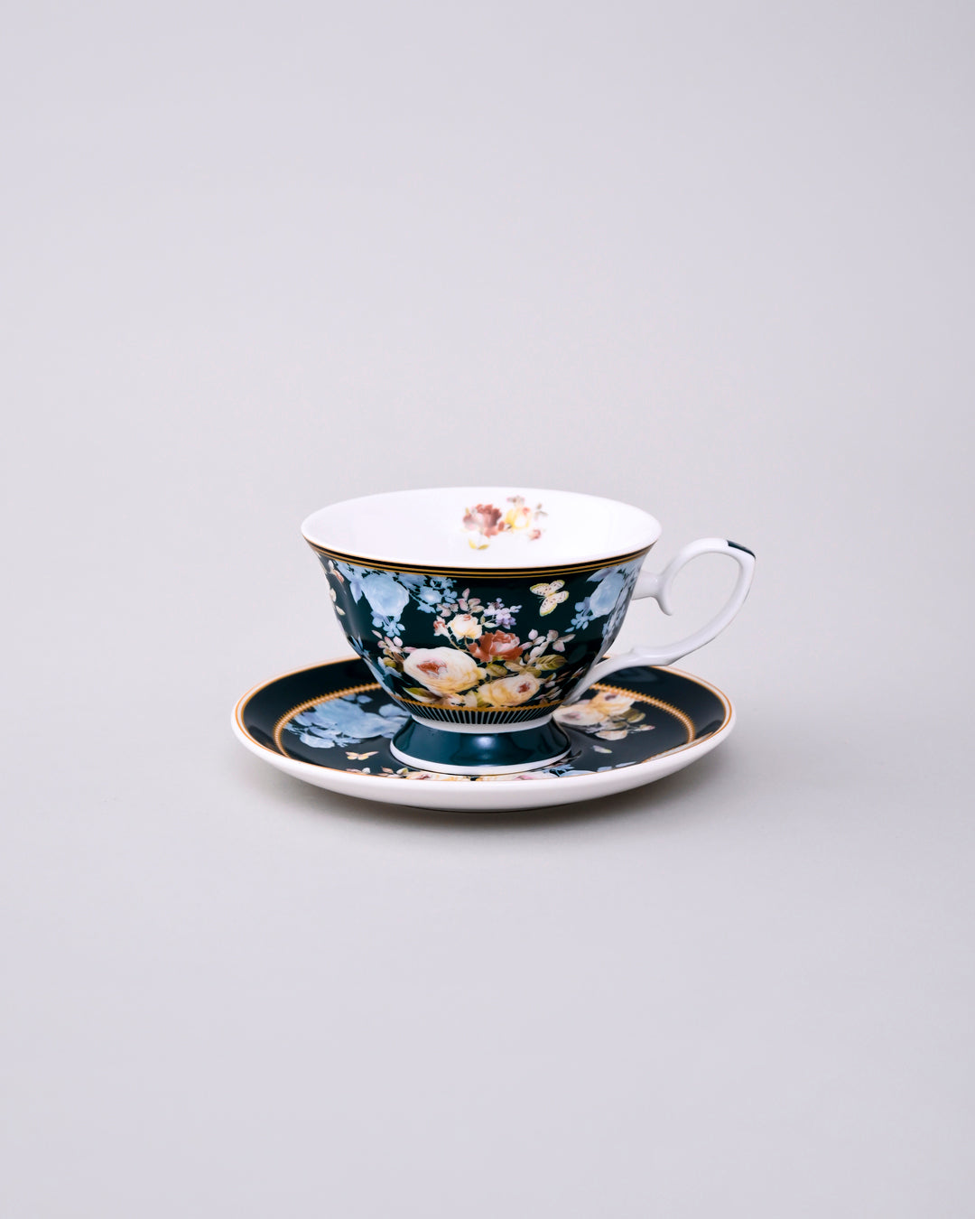 Emerald Bloom Tea Cup & Saucer - Set Of 4