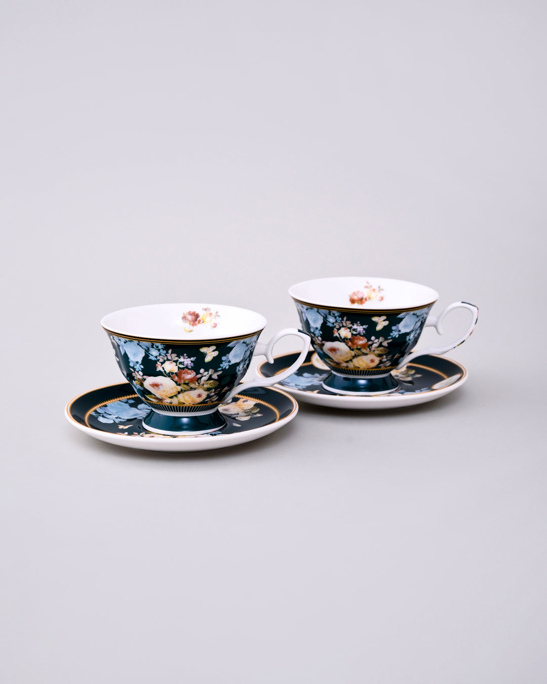 Emerald Bloom Tea Cup & Saucer - Set Of 2
