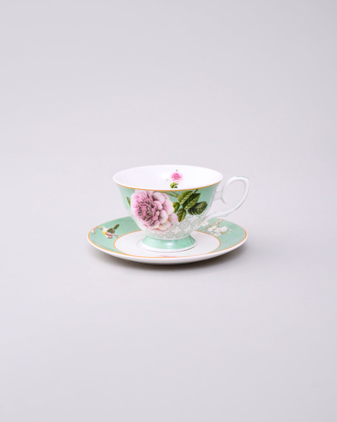 Peony Petals Tea Cup & Saucer Green - Set Of 4