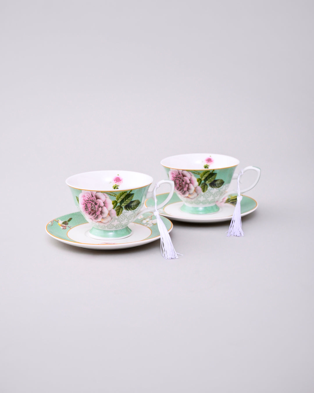 Peony Petals Tea Cup & Saucer Green - Set Of 2