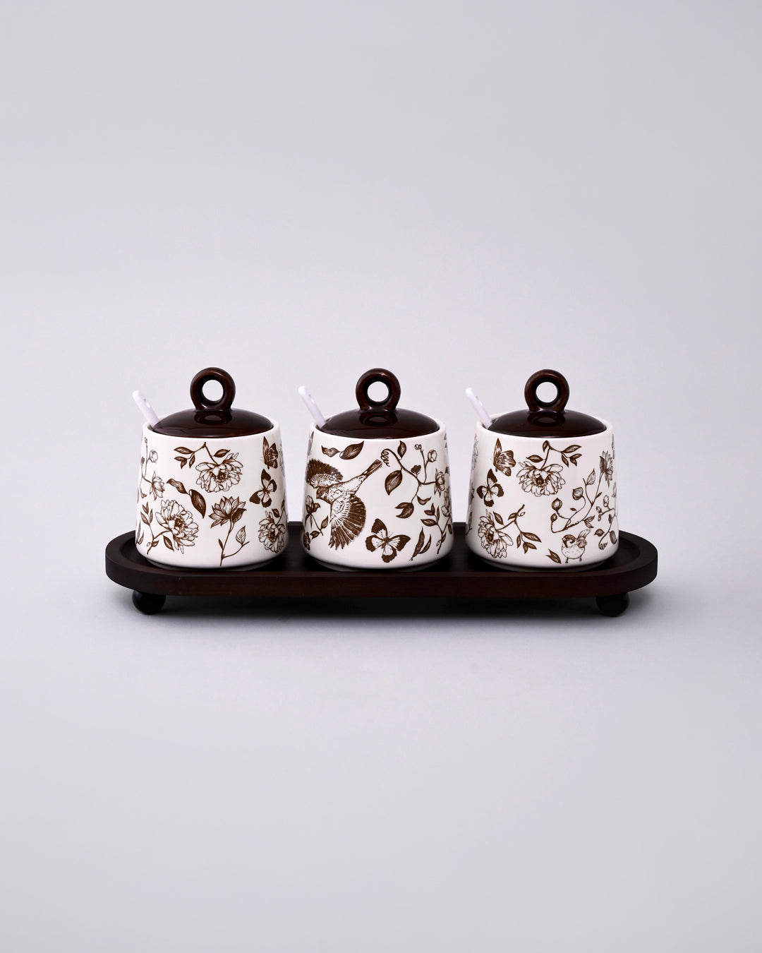 Floral Ceramic Condiment Jar Set - Brown