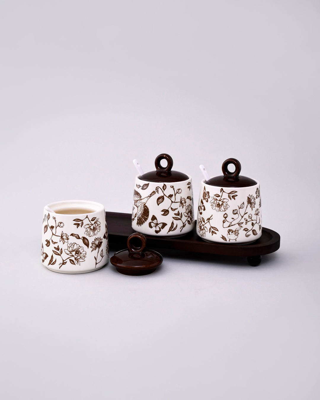 Floral Ceramic Condiment Jar Set - Brown