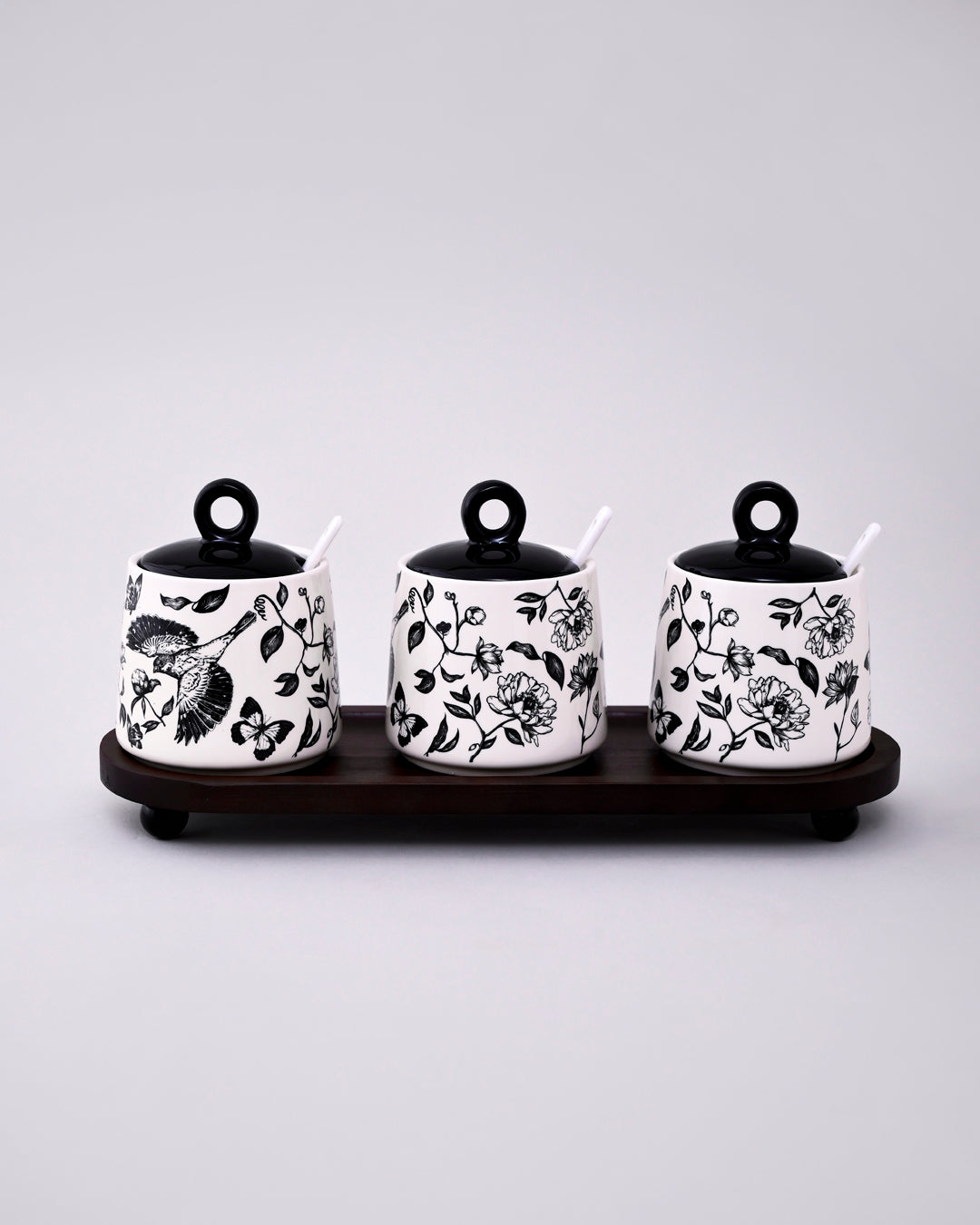 Floral Ceramic Condiment Jar Set - Black