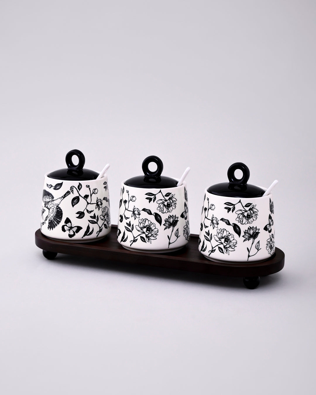 Floral Ceramic Condiment Jar Set - Black