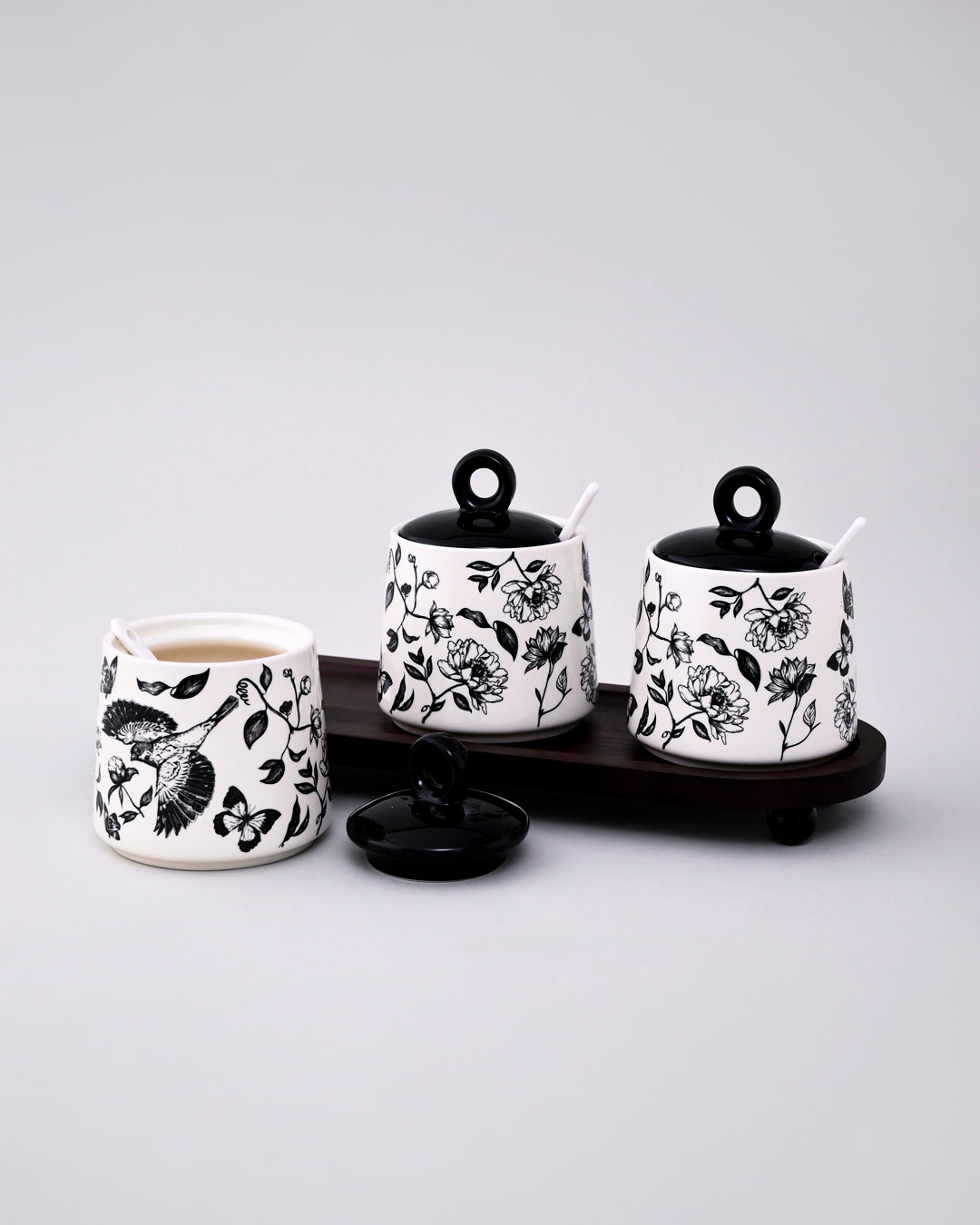 Floral Ceramic Condiment Jar Set - Black