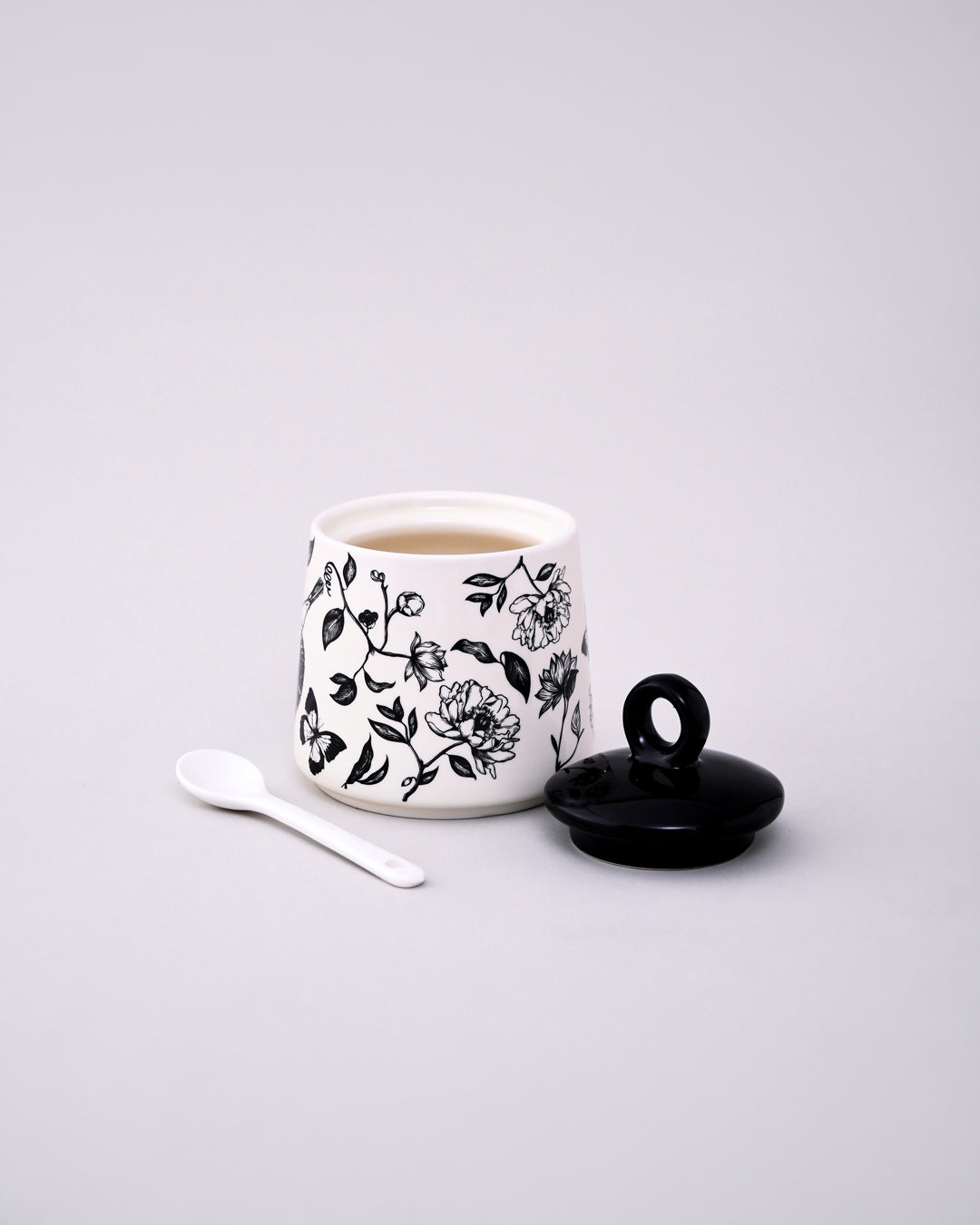 Floral Ceramic Condiment Jar Set - Black