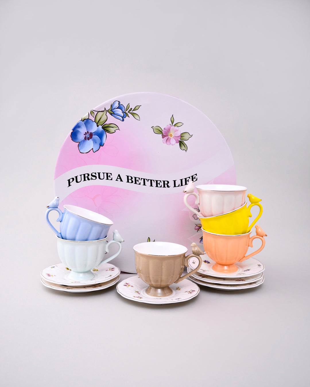 Colorful Sparrow Charm Tea Cup With Saucer - Set Of 6