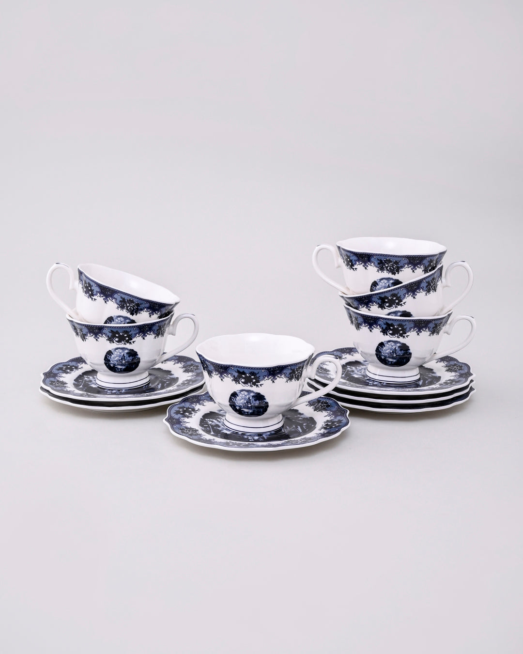 Blue Manor Tea Cup & Saucer - Set Of 6