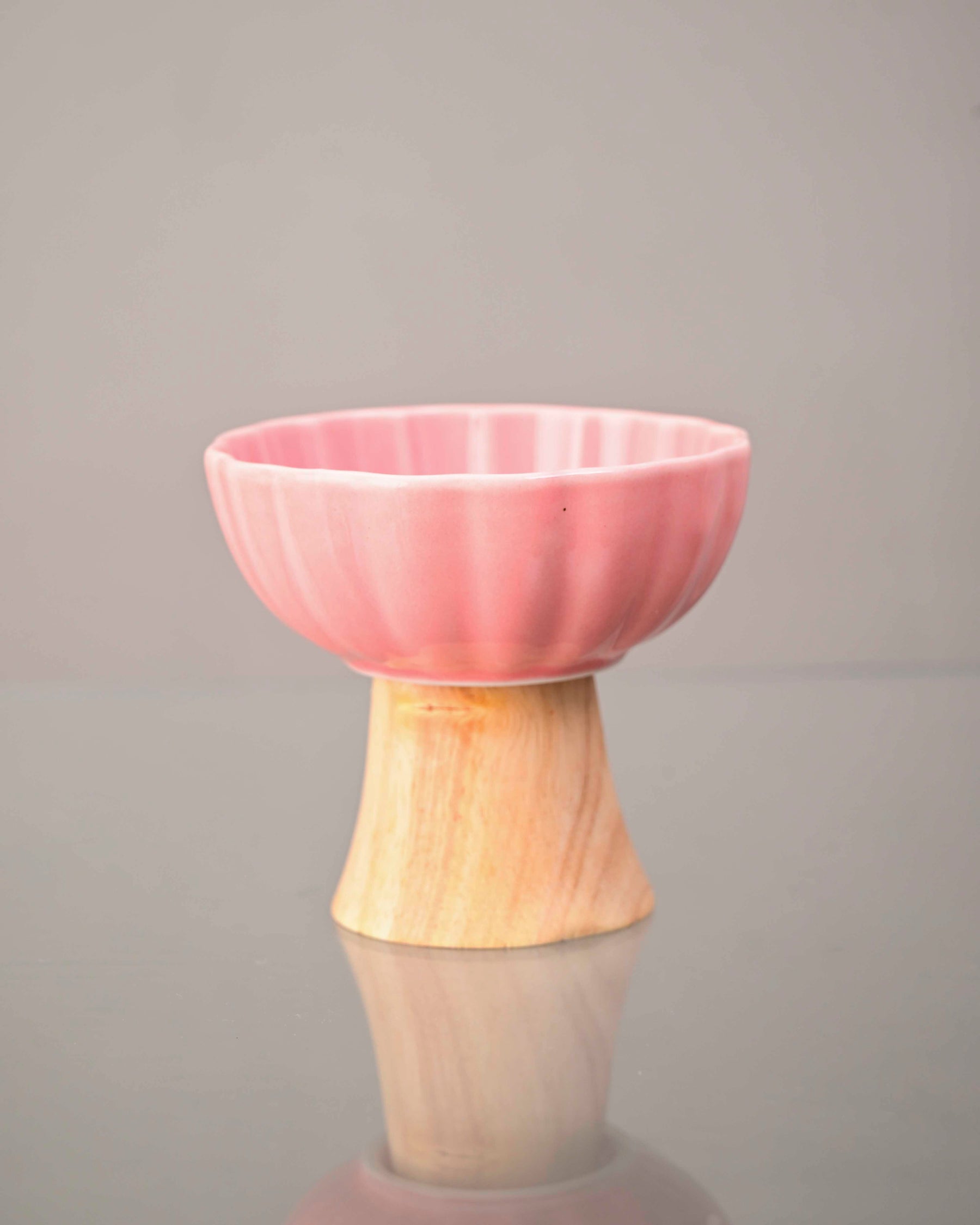 Ceramic + Wood Dessert Bowl - Pink