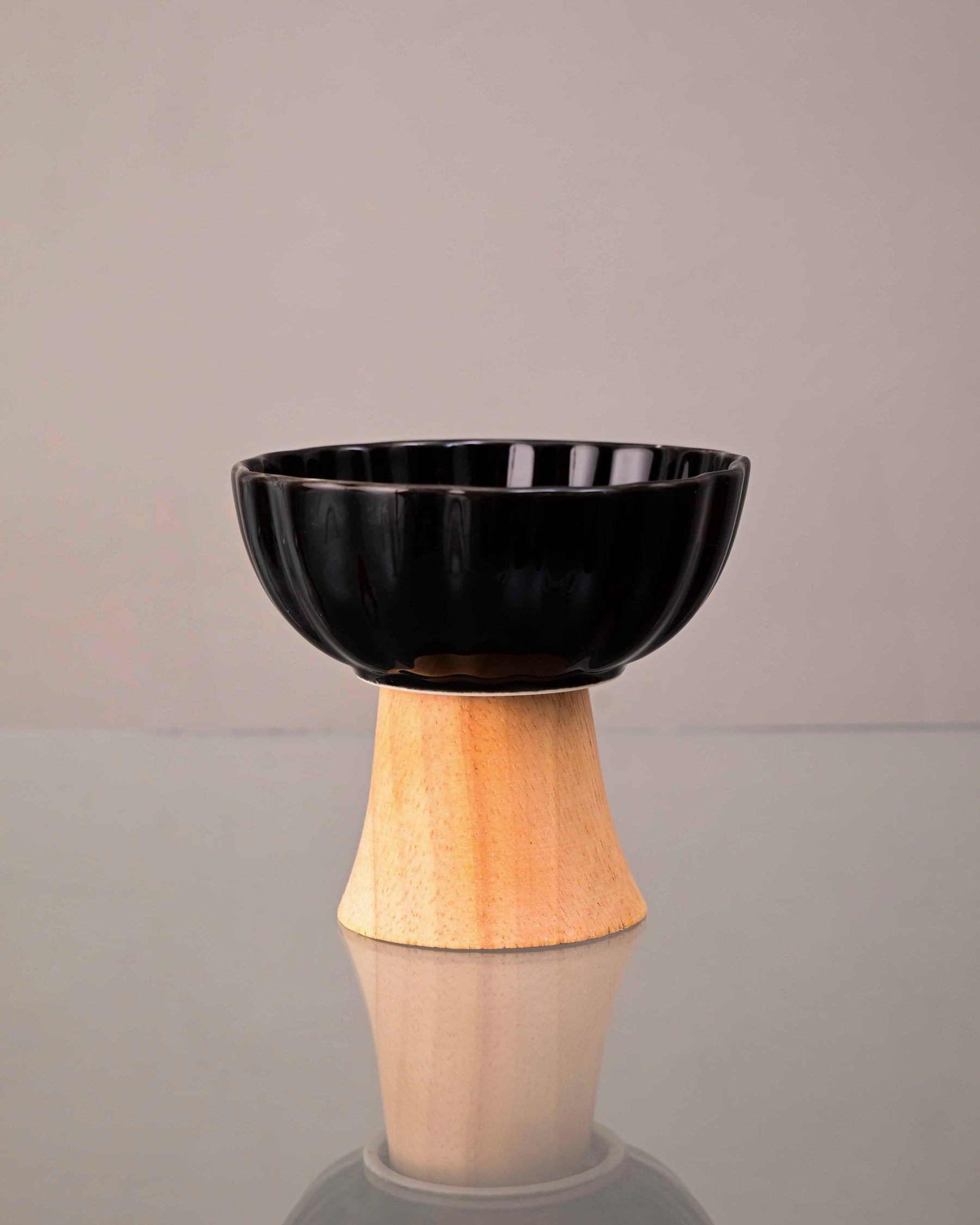 Ceramic + Wood Dessert Bowl - Black
