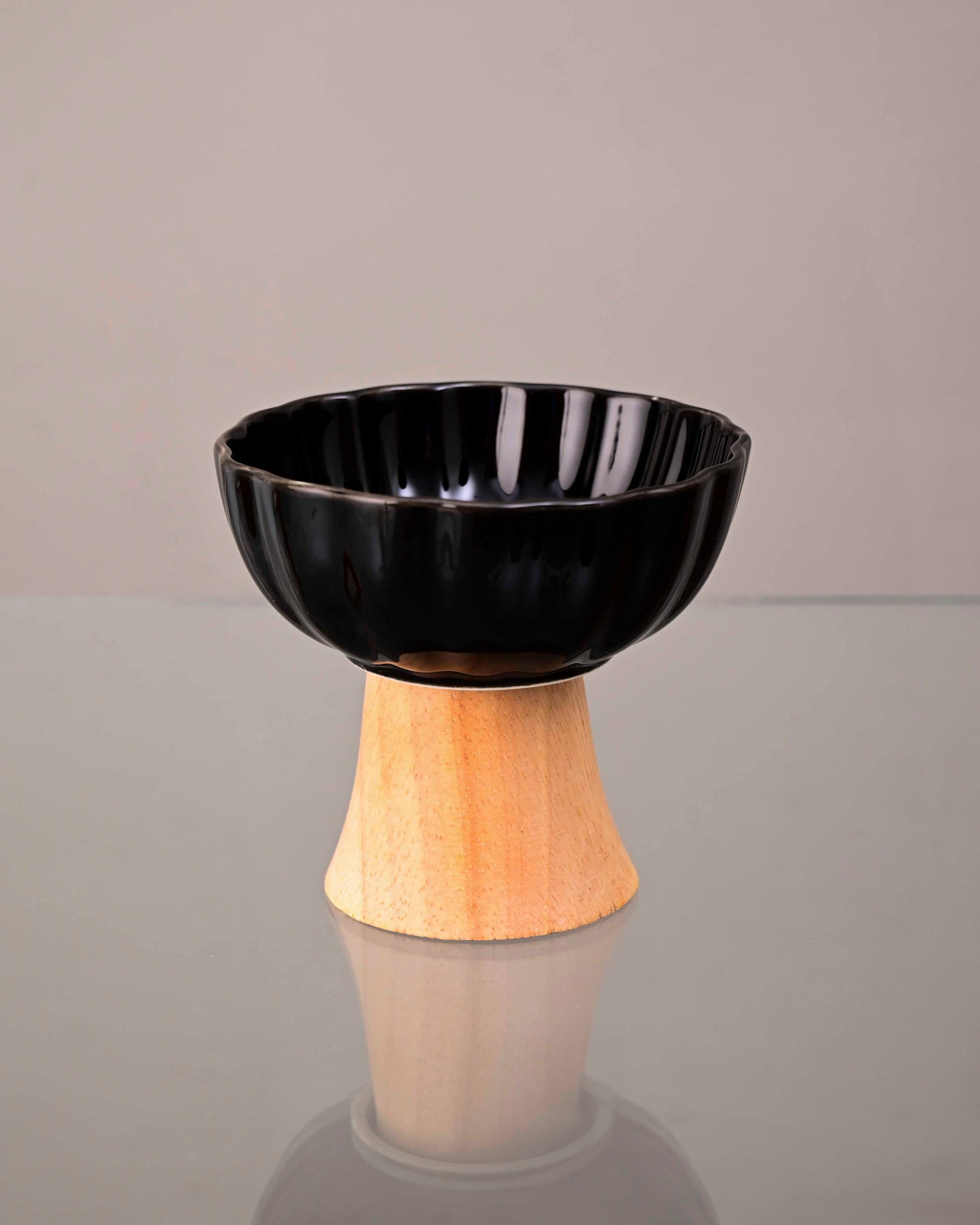 Ceramic + Wood Dessert Bowl - Black