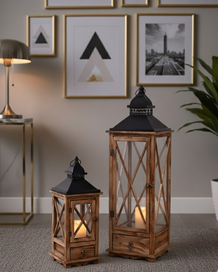 Rustic Charm Candle Lantern With Drawer