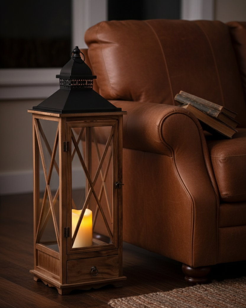 Rustic Charm Candle Lantern With Drawer