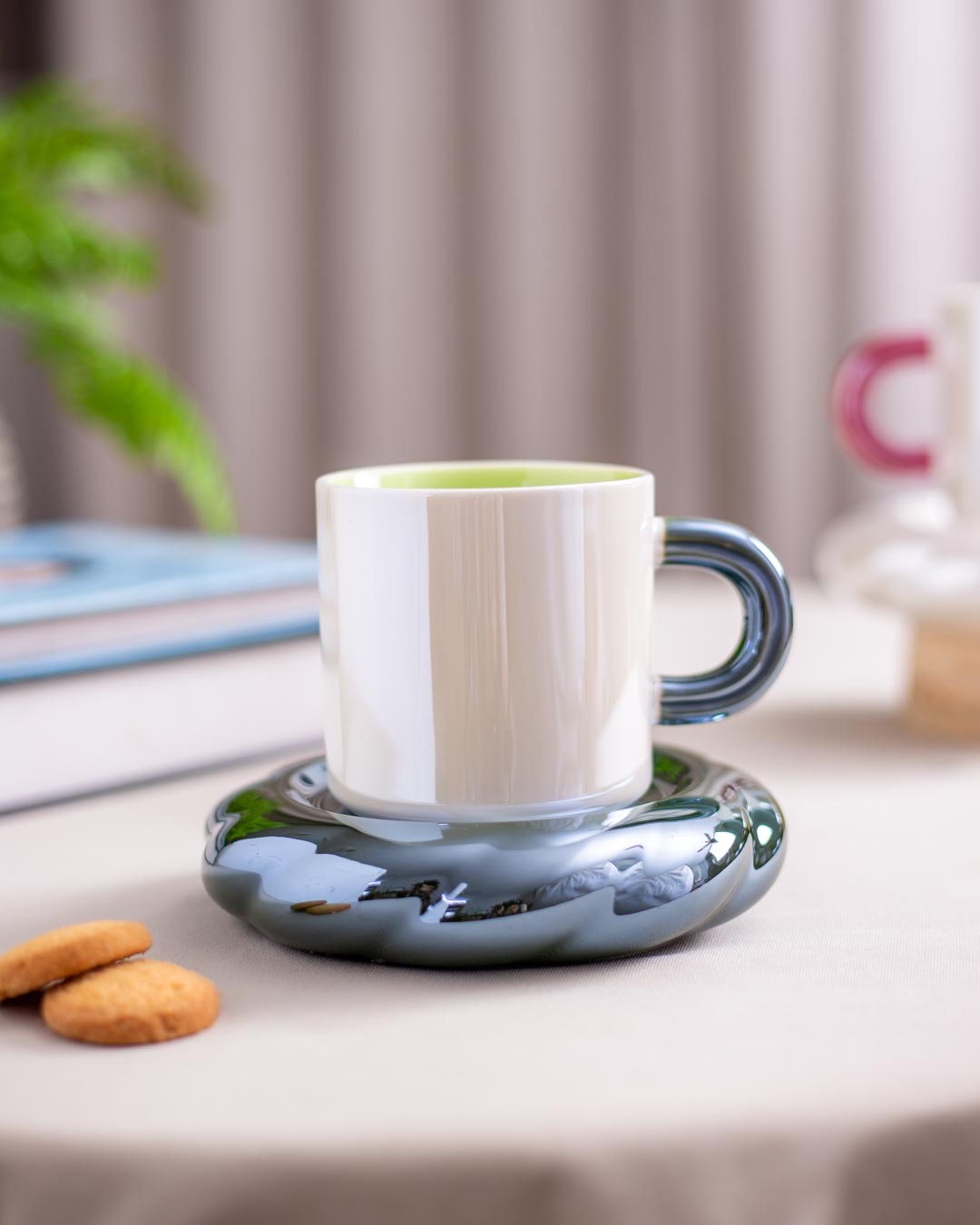 Pearl Glazed Coffee Mug with Saucer - Green