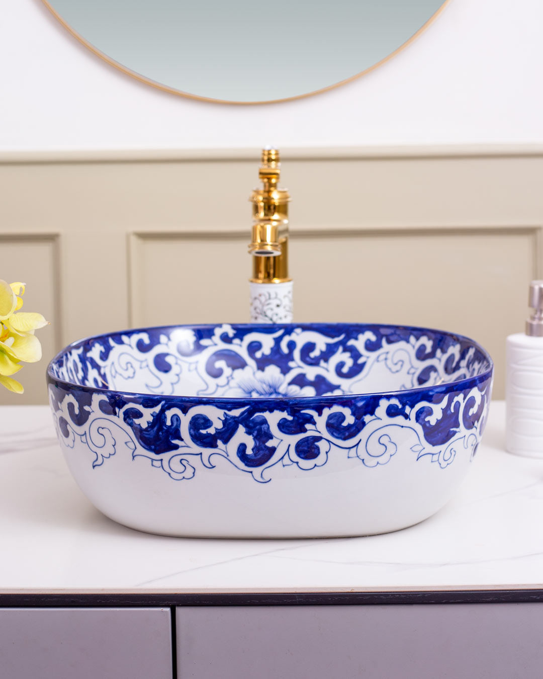 Peony Blue & White Porcelain Counter Top Basin - The Decor Kart