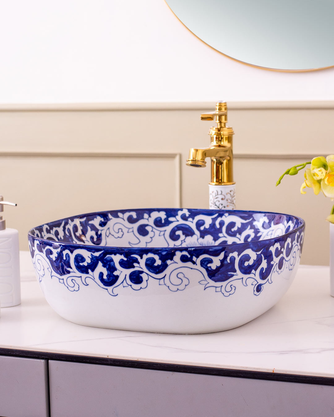 Peony Blue & White Porcelain Counter Top Basin - The Decor Kart