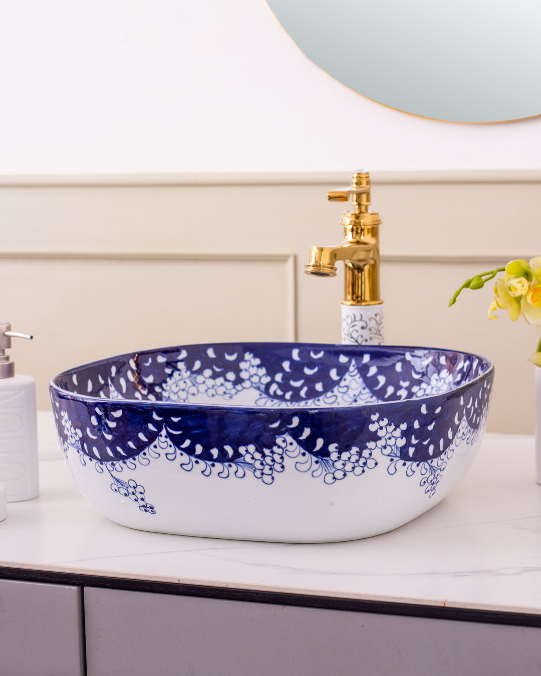 Paisley Blue & White Porcelain Counter Top Basin - The Decor Kart