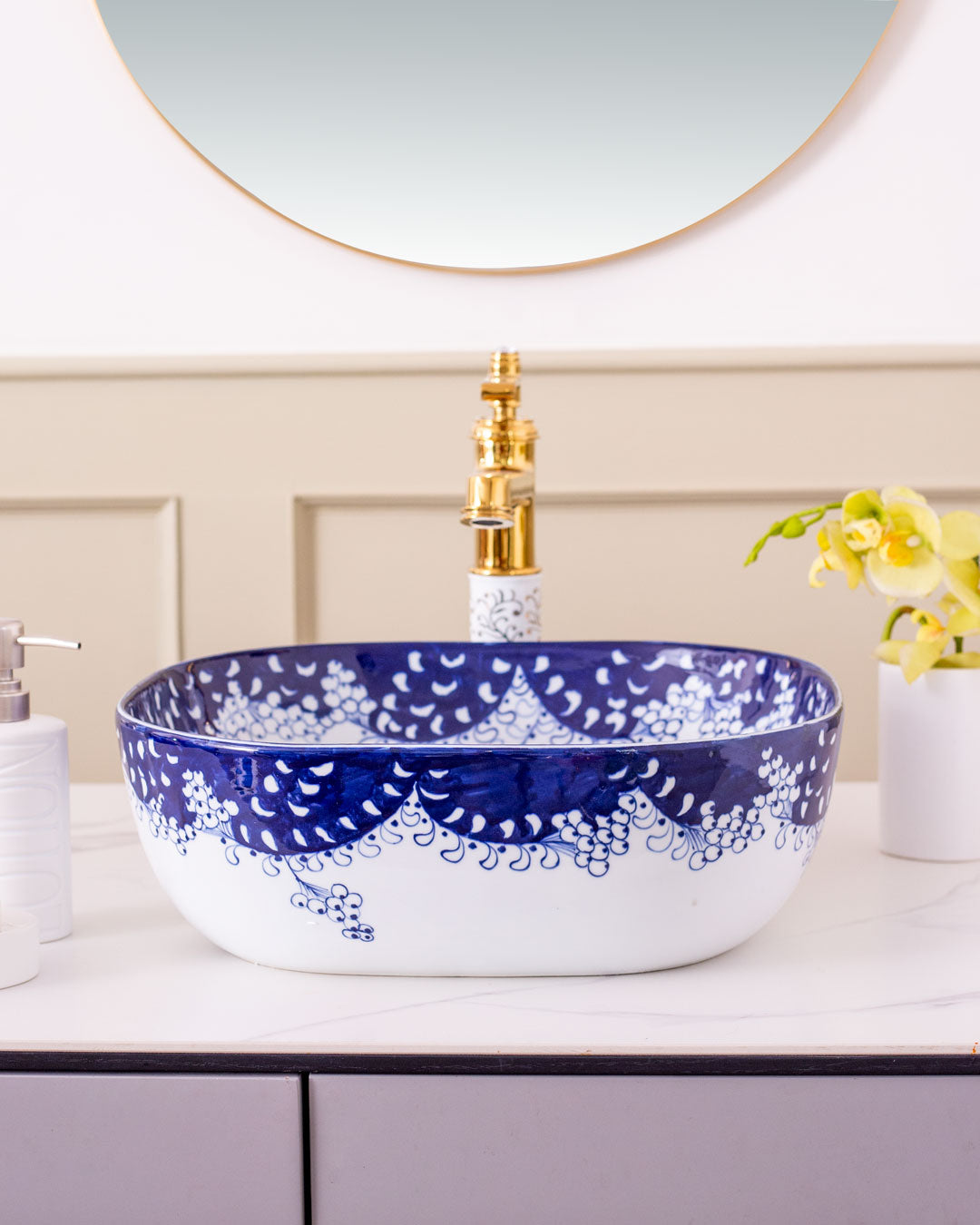 Paisley Blue & White Porcelain Counter Top Basin - The Decor Kart