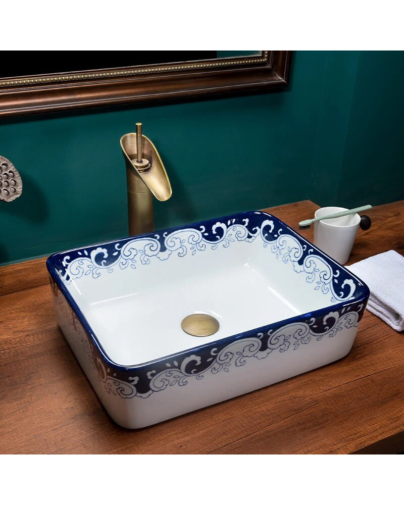 Peony Blue & White Porcelain Counter Top Basin - The Decor Kart