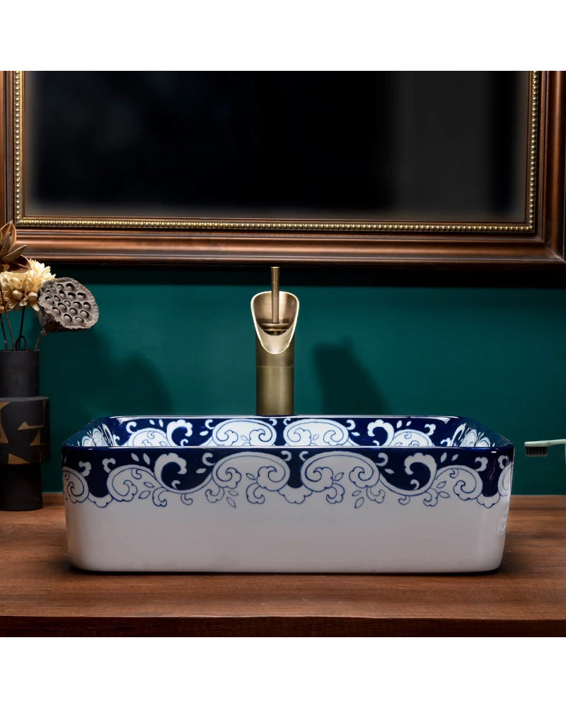 Peony Blue & White Porcelain Counter Top Basin - The Decor Kart