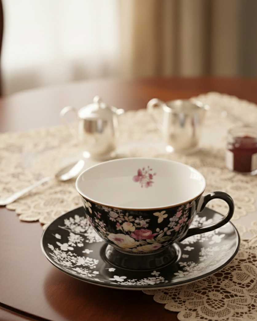 Black Floral Charm Tea Cup & Saucer - Set Of 2