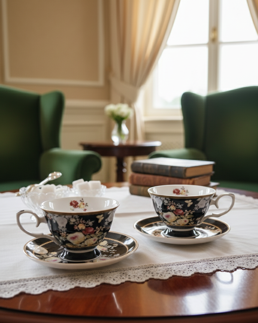 Black Floral Charm Tea Cup & Saucer - Set Of 2