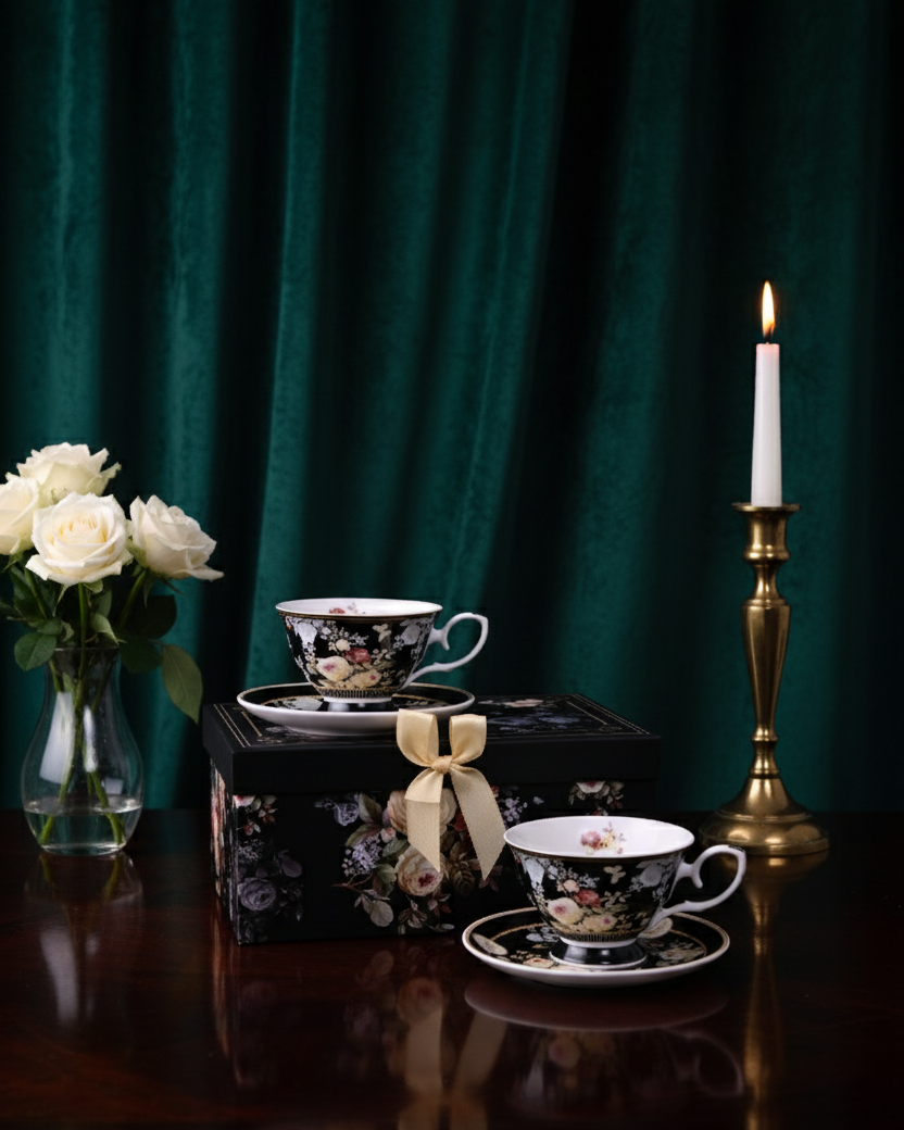 Black Floral Charm Tea Cup & Saucer - Set Of 2