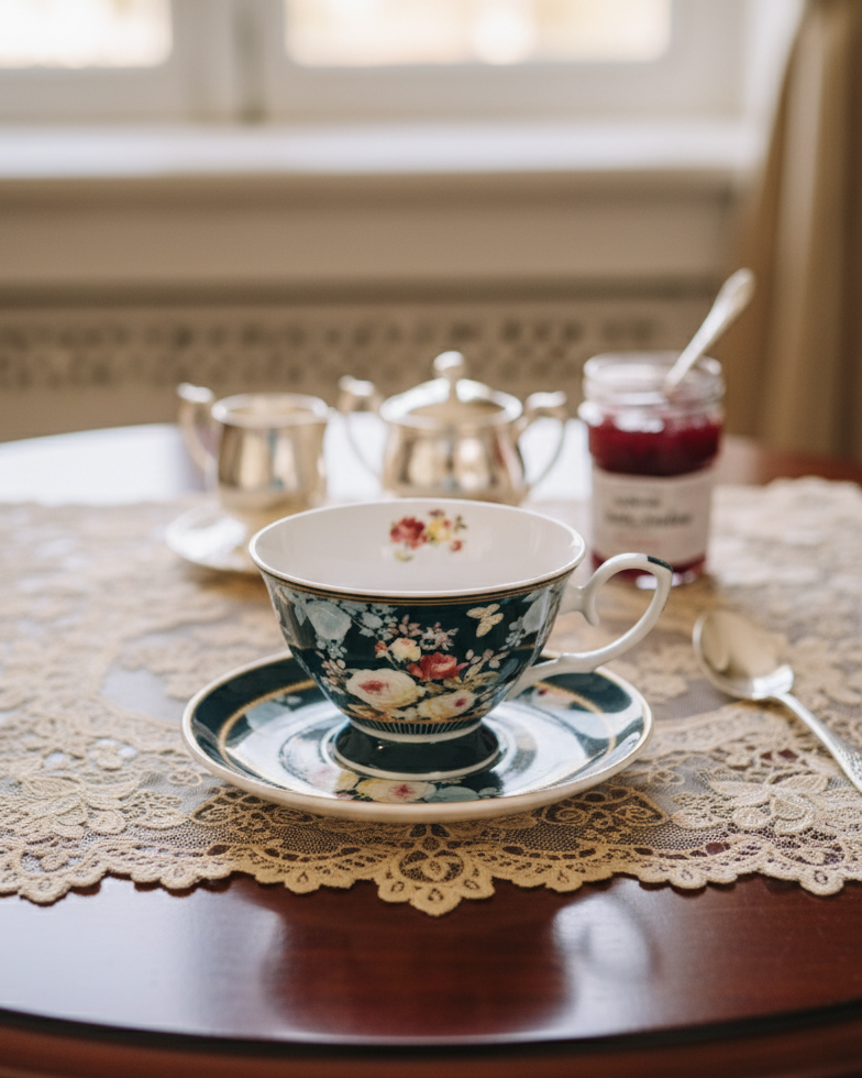 Emerald Bloom Tea Cup & Saucer - Set Of 2