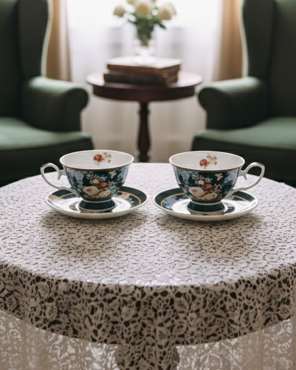 Emerald Bloom Tea Cup & Saucer - Set Of 2