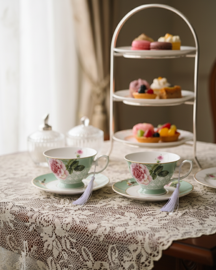 Peony Petals Tea Cup & Saucer Green - Set Of 2