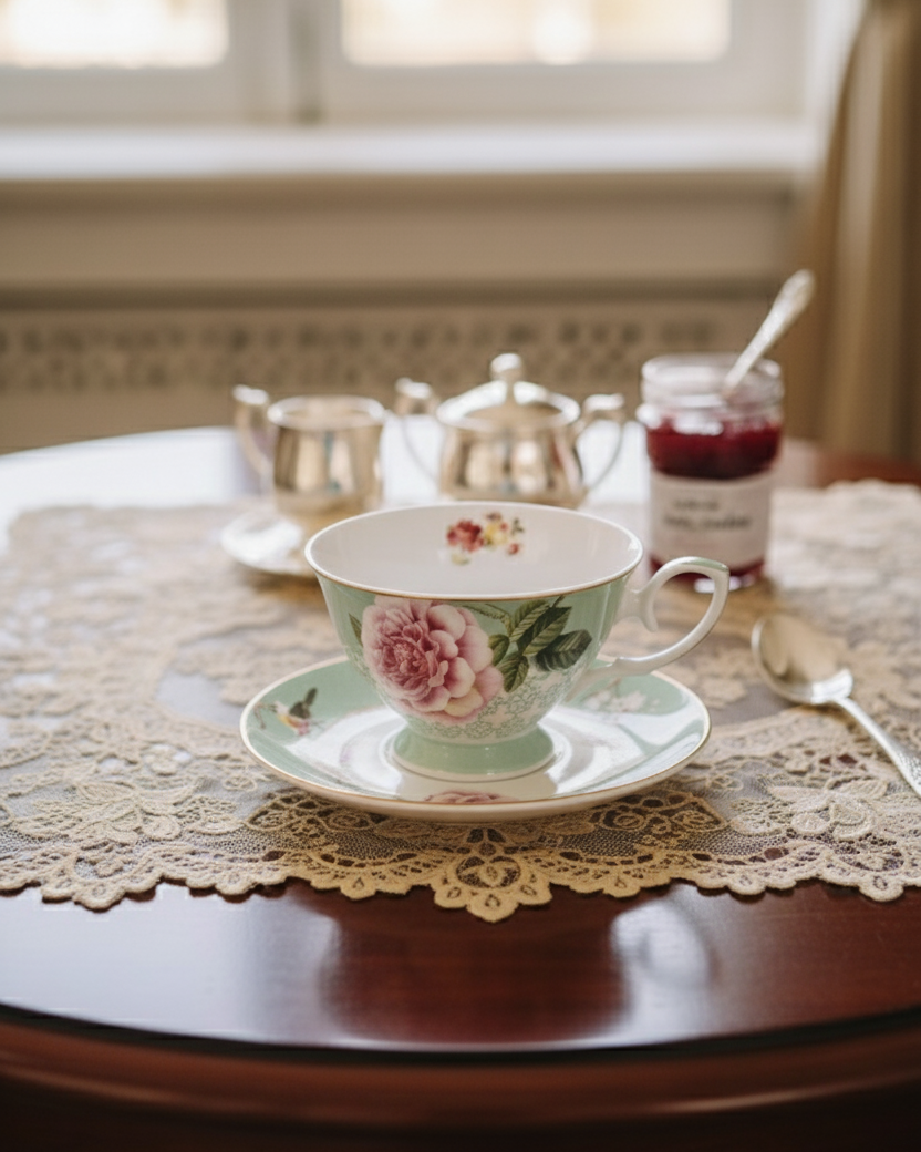 Peony Petals Tea Cup & Saucer Green - Set Of 2