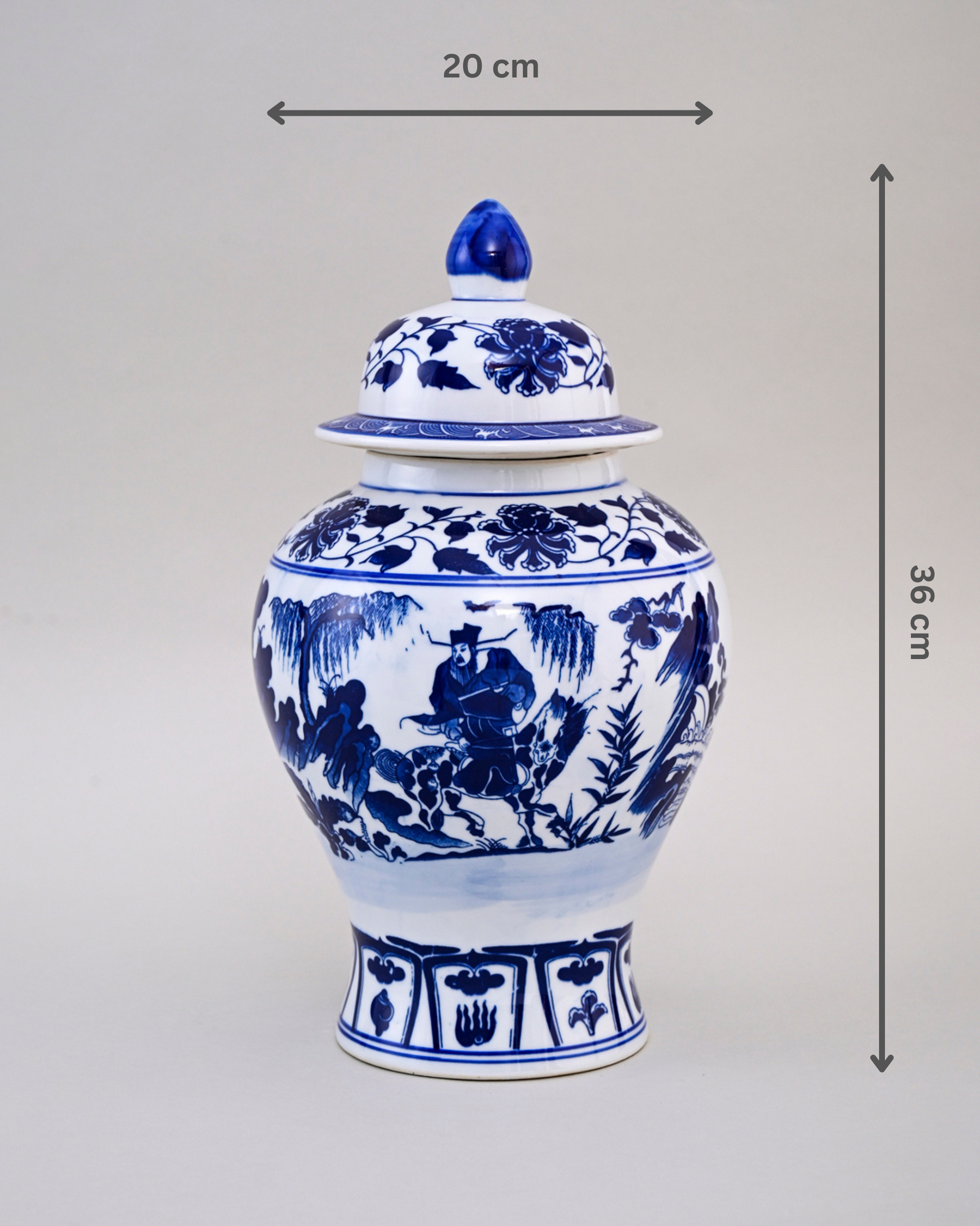Blue and White Warrior Scene Temple Jar - 36cm