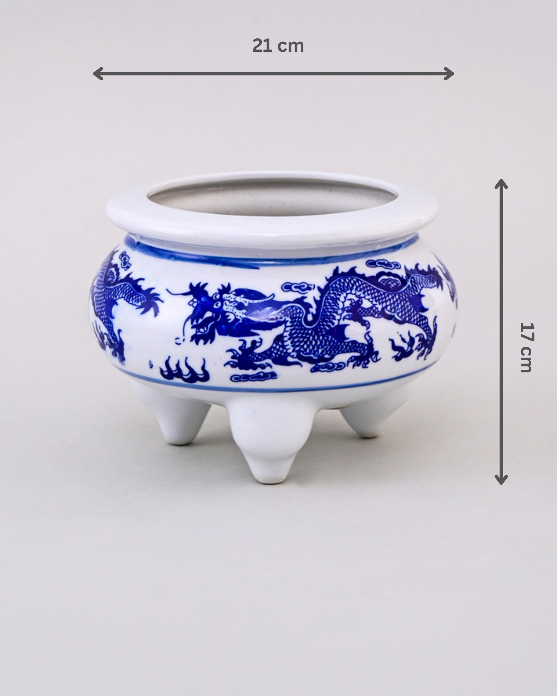Blue & White Dragon Motif Tripod Planter - 8"