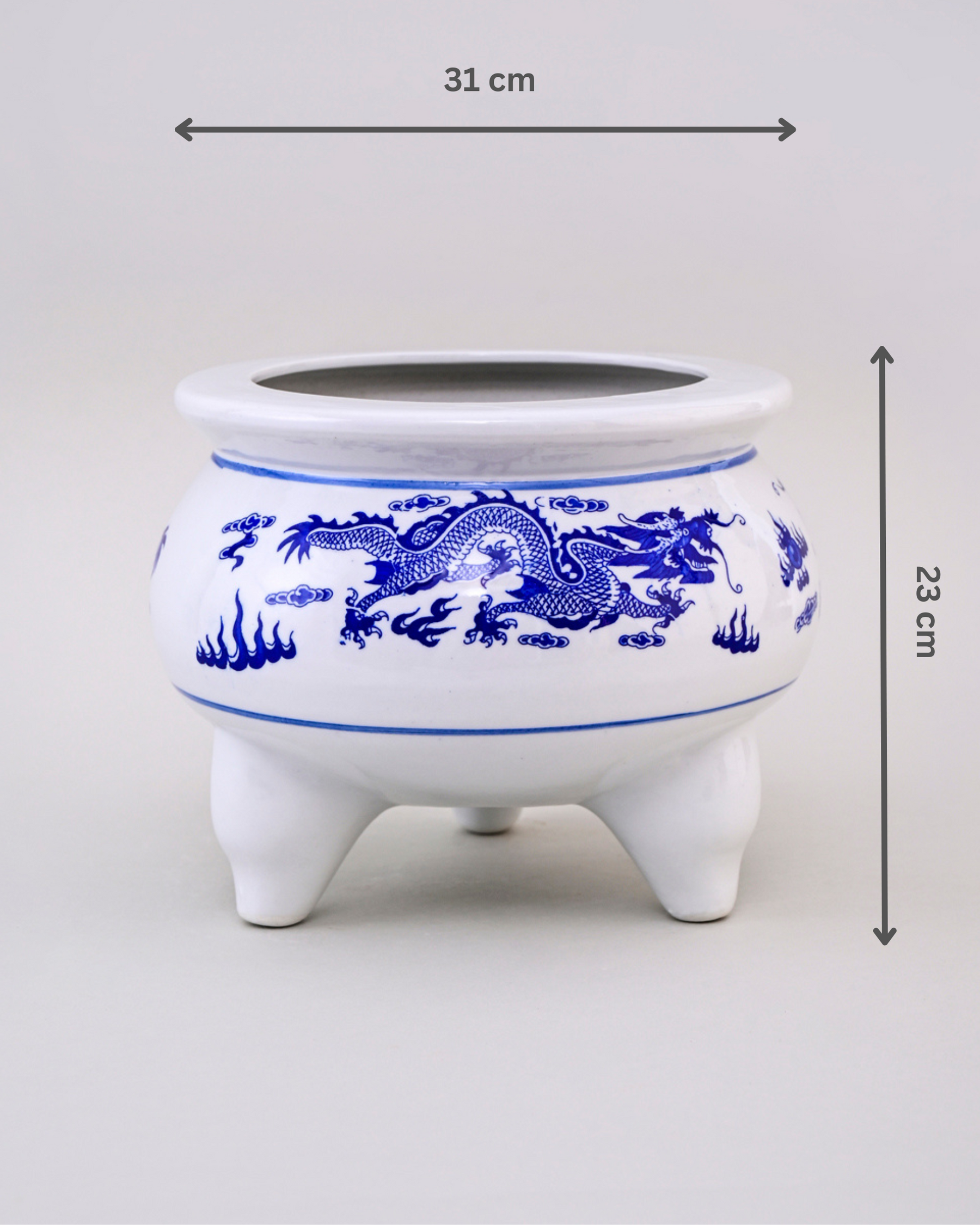Blue & White Dragon Motif Tripod Planter - 12"