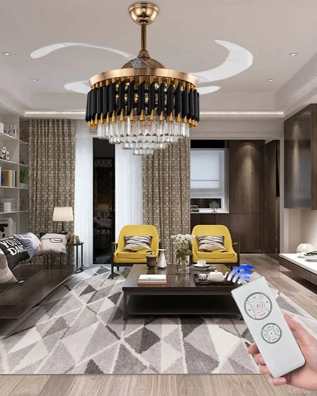 Diamante Retractable Ceiling Fan + Chandelier Light (with Remote Control) - The Decor Kart