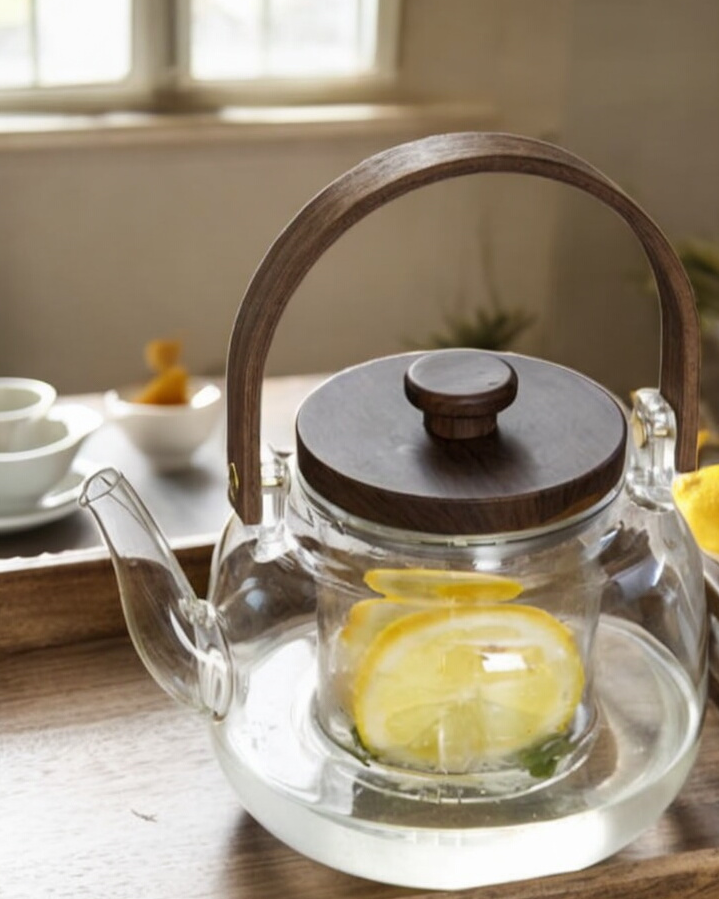 Glass Tea Set With Wooden Accents - 8 Piece Set