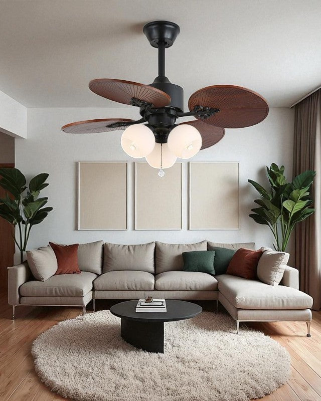 Tropical Palm Leaf Retractable Ceiling Fan + Chandelier Light (with Remote Control)