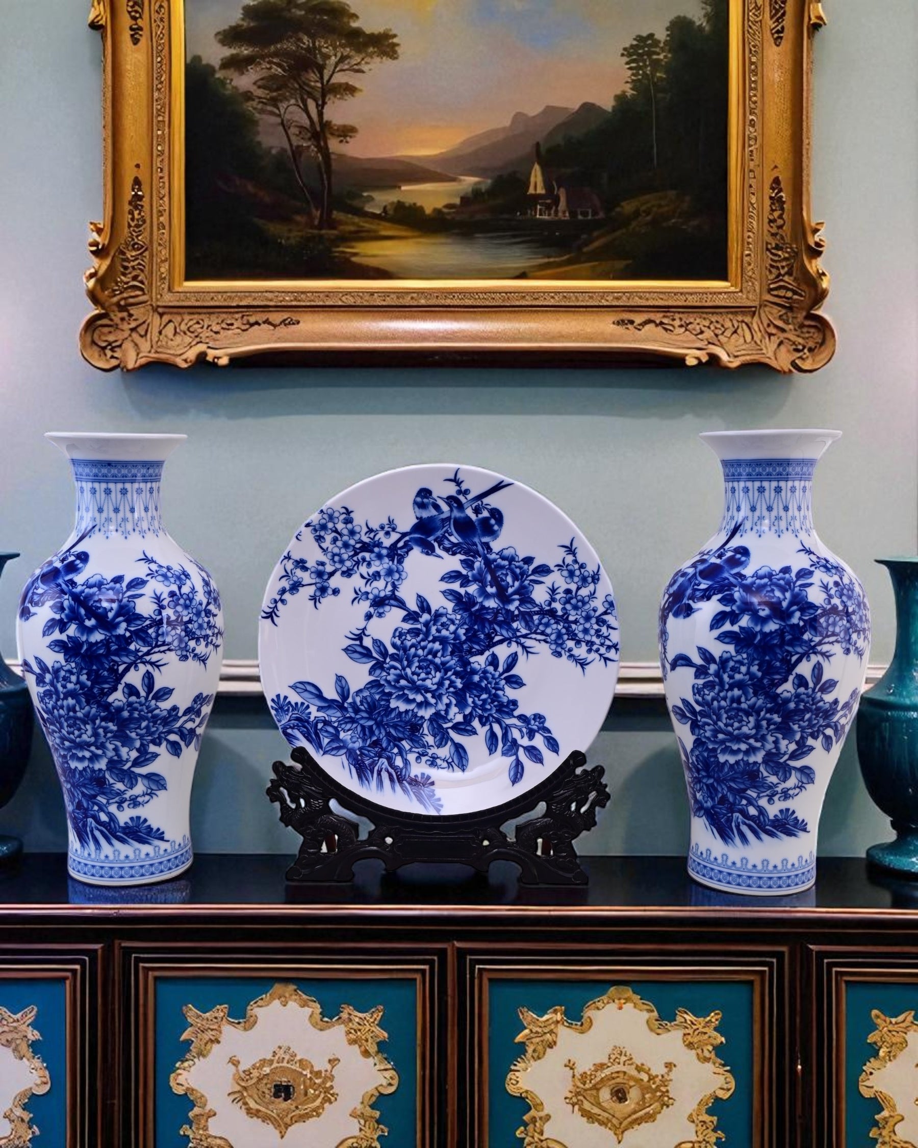 Floral Harmony Ceramic Vase & Decorative Plate - Set Of 3