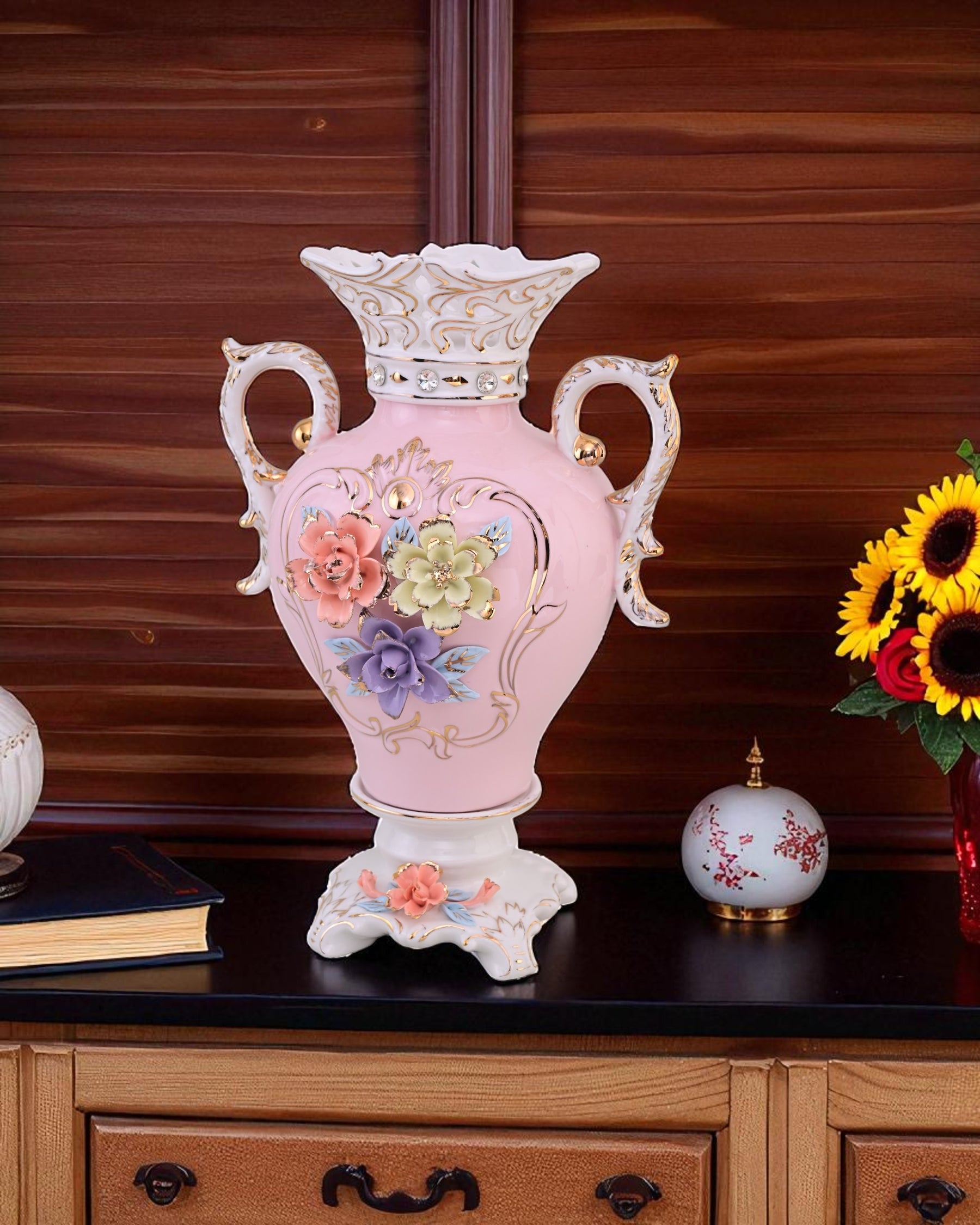 Vintage Floral Porcelain Vase with Handles - Pink