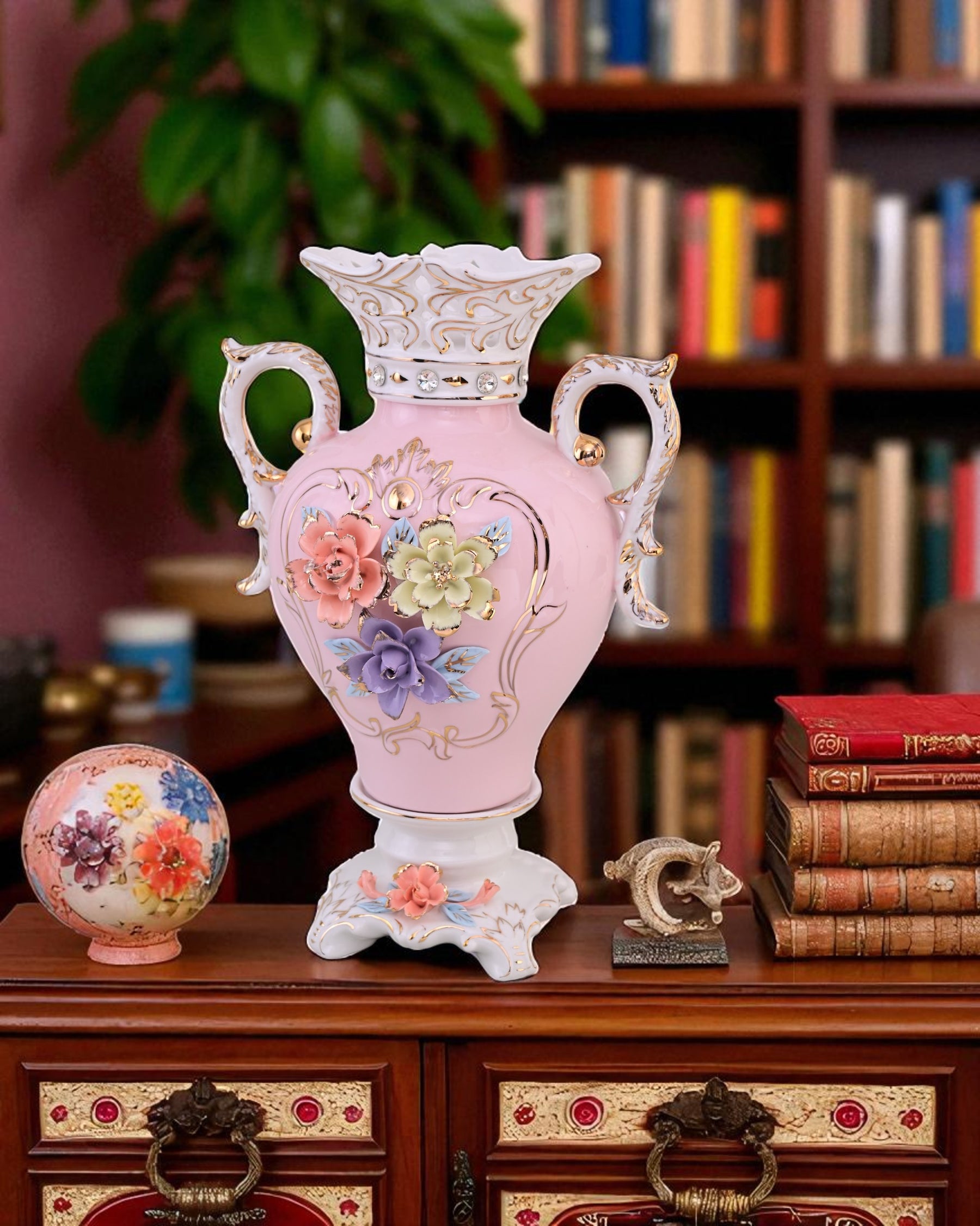 Vintage Floral Porcelain Vase with Handles - Pink