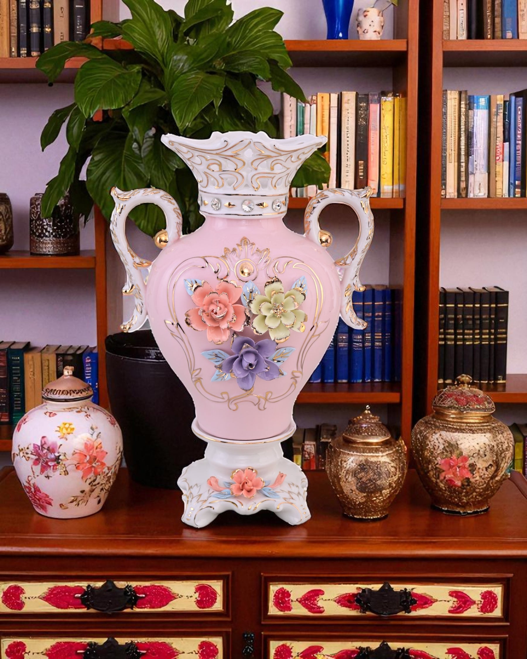 Vintage Floral Porcelain Vase with Handles - Pink