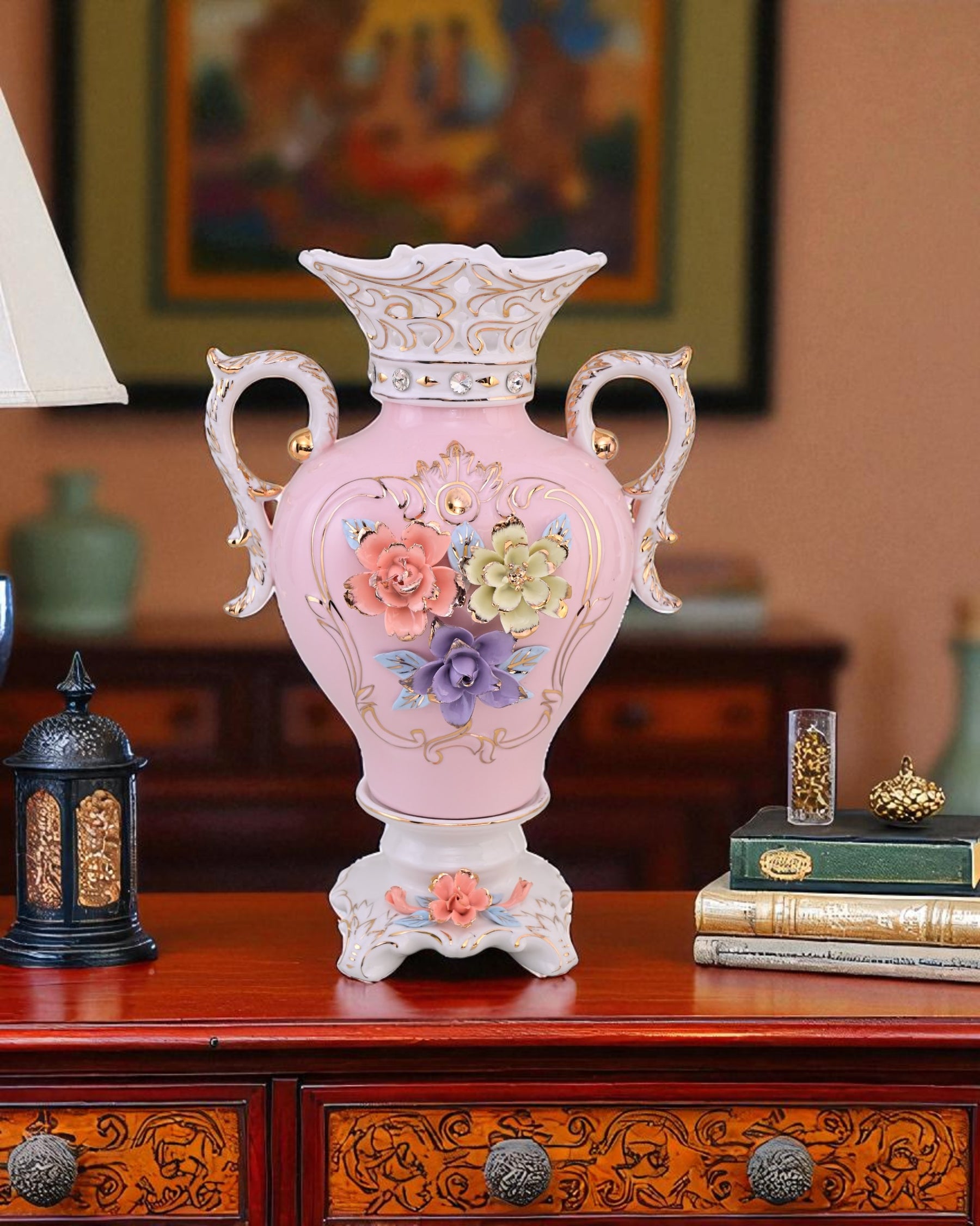 Vintage Floral Porcelain Vase with Handles - Pink