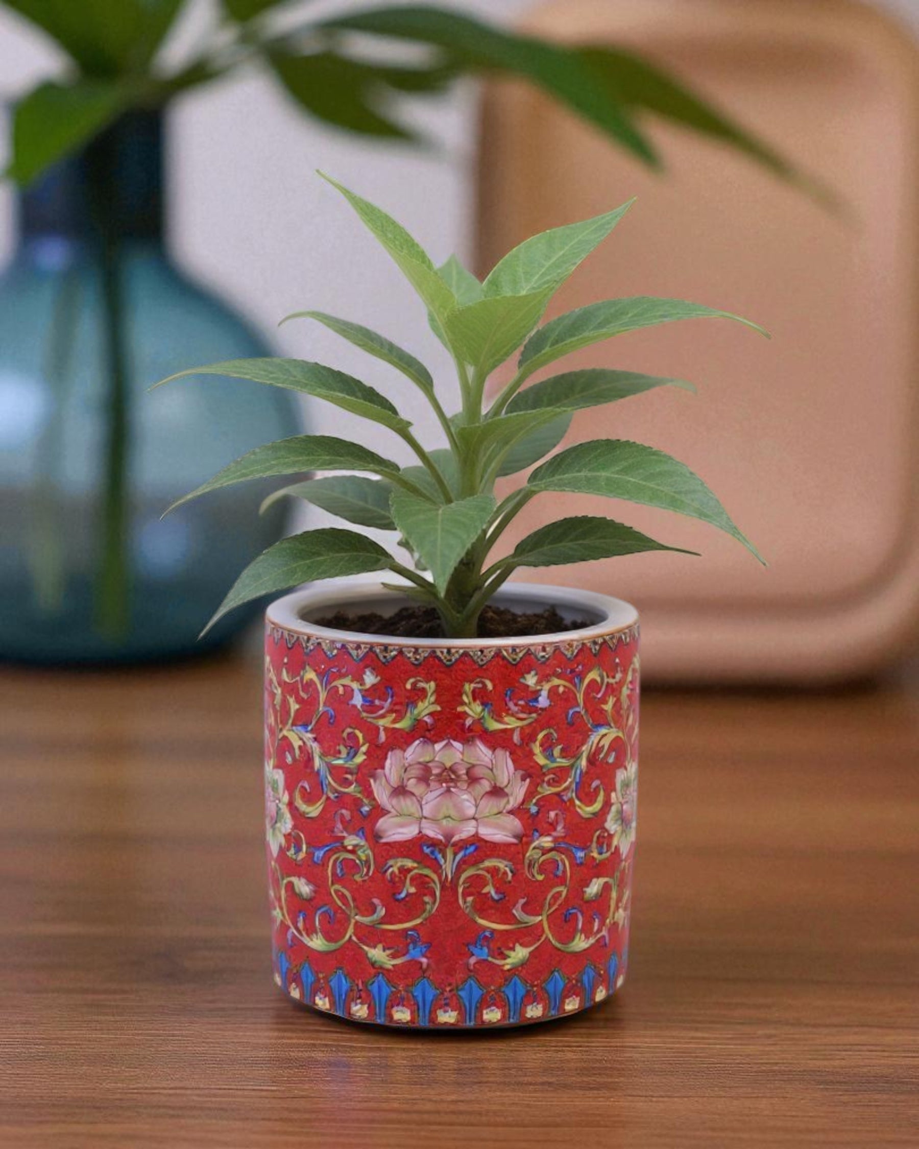 Floral and Vine Motifs Planter - Red