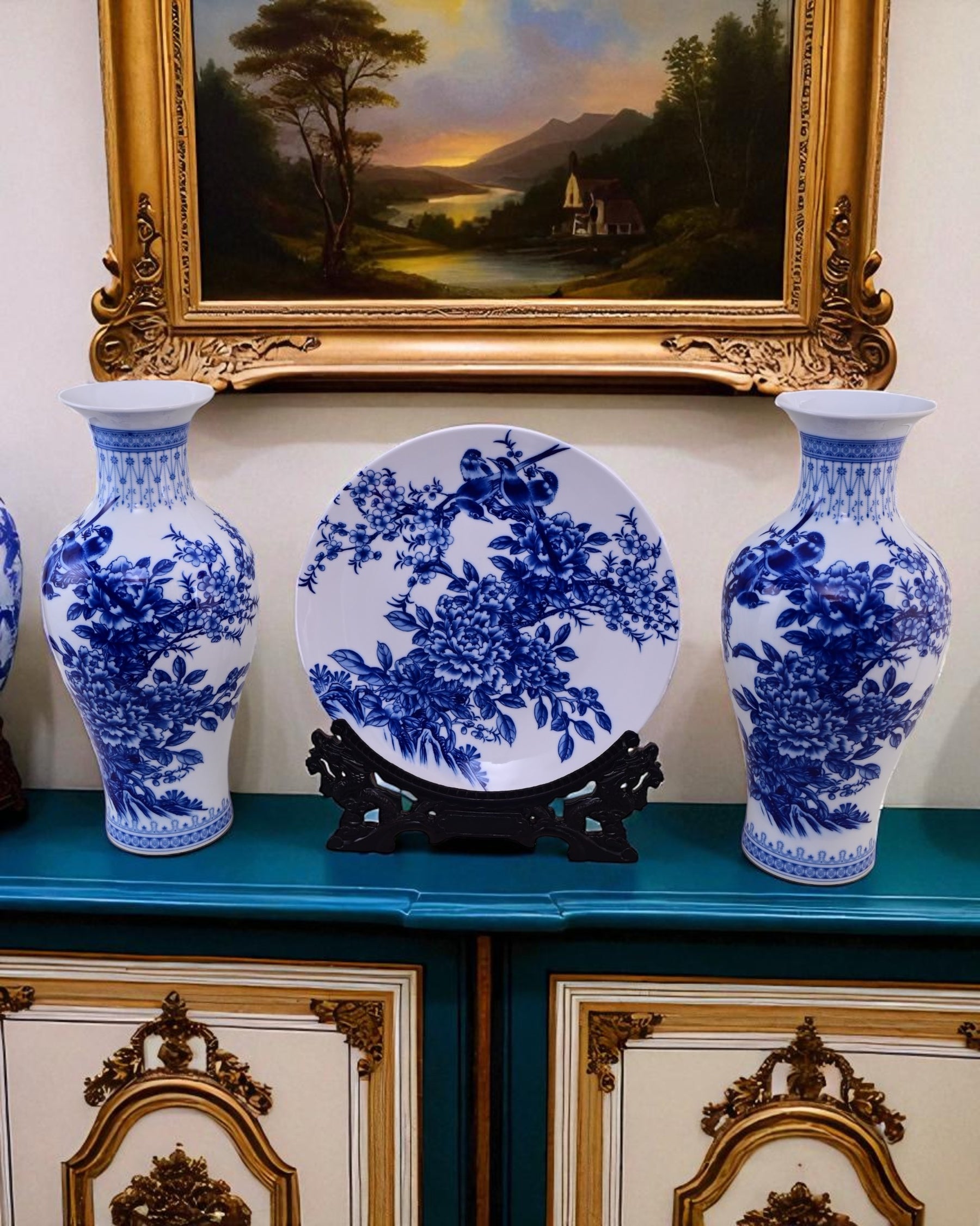 Floral Harmony Ceramic Vase & Decorative Plate - Set Of 3