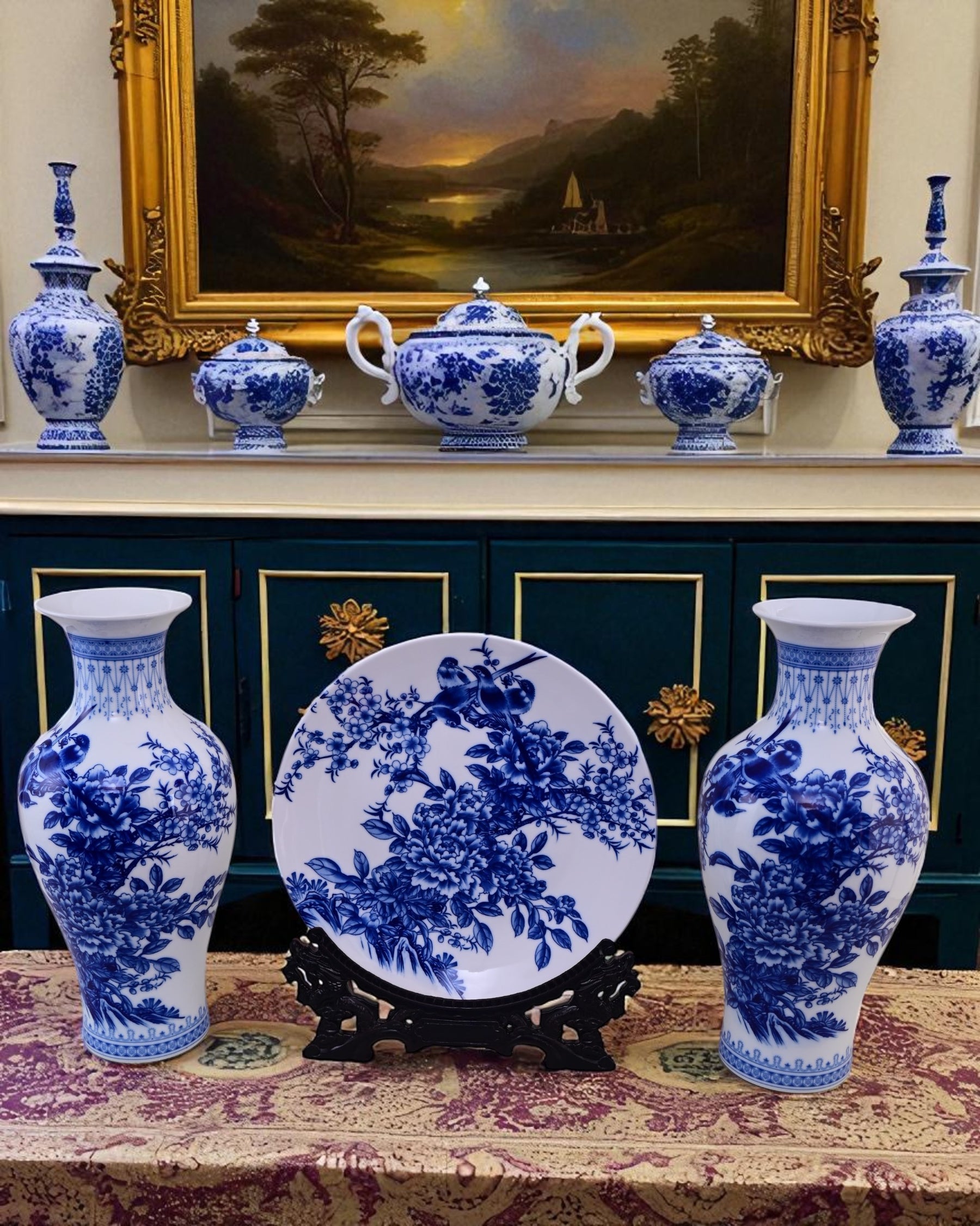 Floral Harmony Ceramic Vase & Decorative Plate - Set Of 3